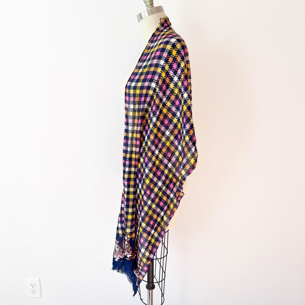 Talbots Scarf Navy Blue Pink Yellow Houndstooth Basset Hound Dog Print Fringe - Picture 3 of 5